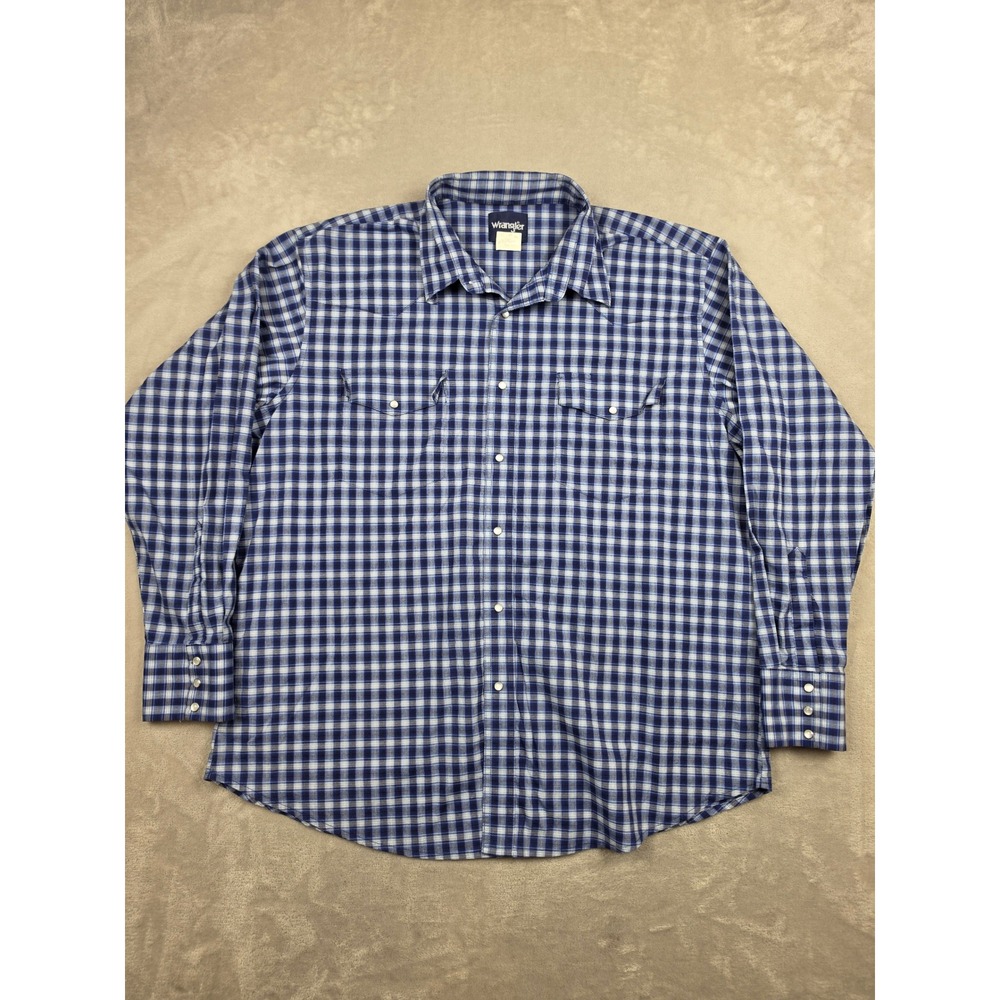 Wrangler Western Shirt Mens XXL Blue Plaid Pearl Snap Long Sleeve Cowboy